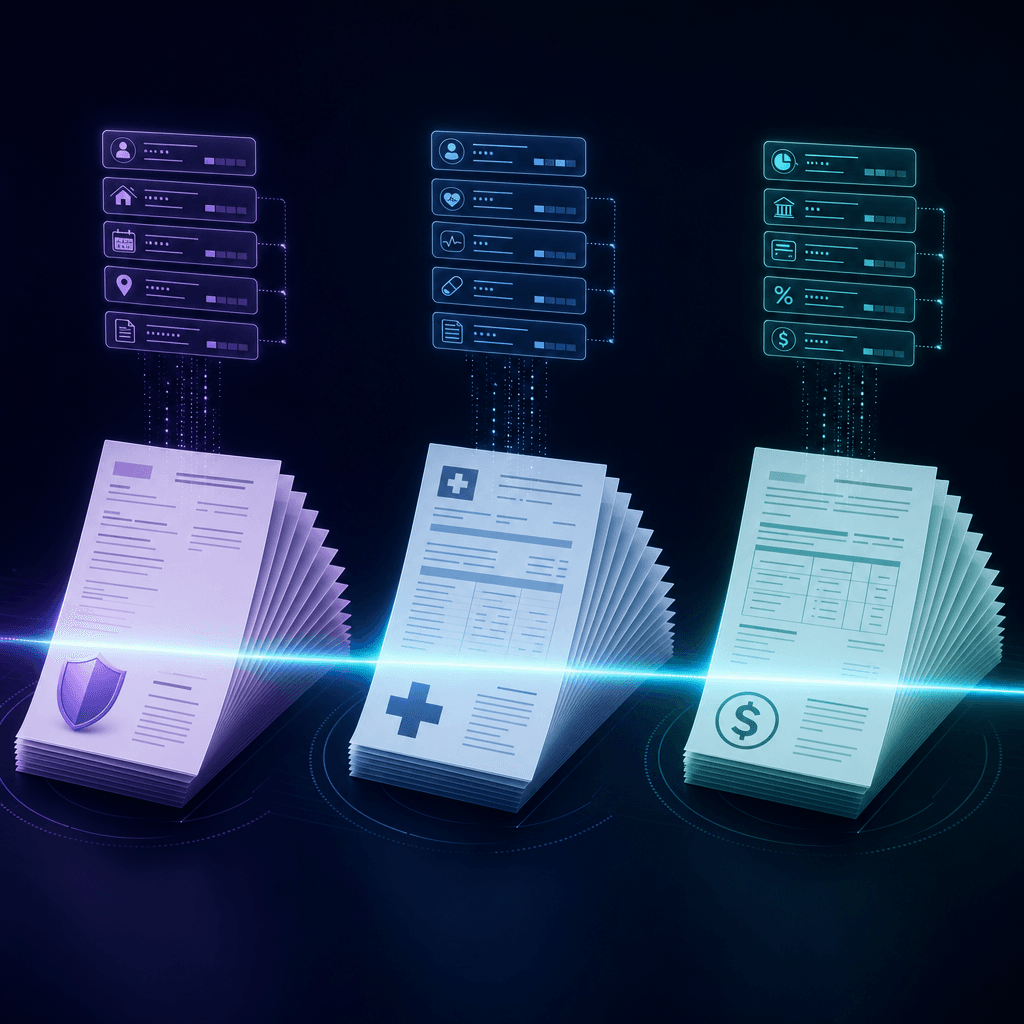 Document AI Verticals — three stacks of insurance, healthcare and finance documents being scanned, with extracted structured fields floating above each stack