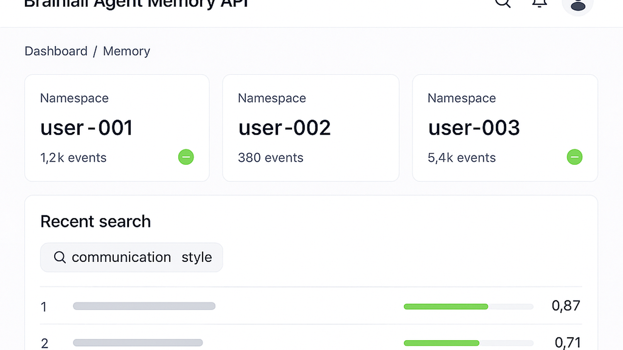 Brainiall Agent Memory API — multi-tenant namespace cards with semantic search results