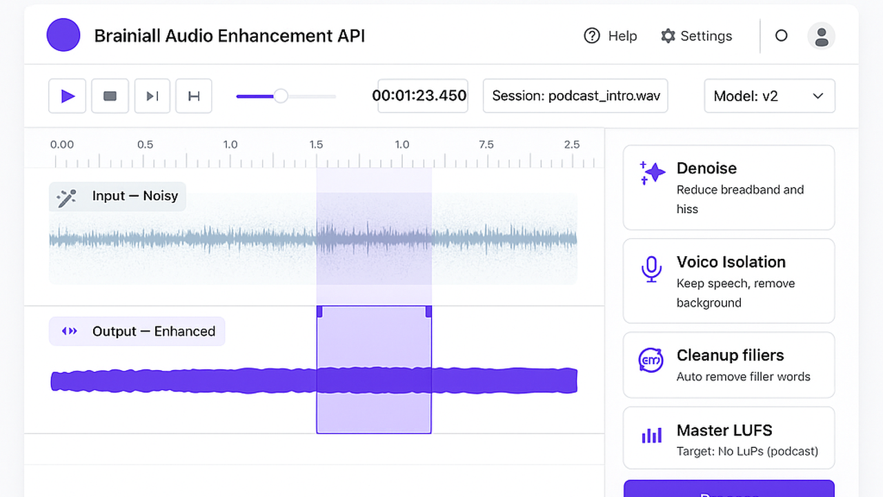 Brainiall Audio Enhancement API — noisy-to-clean waveform with denoise / voice-isolation / cleanup / master controls