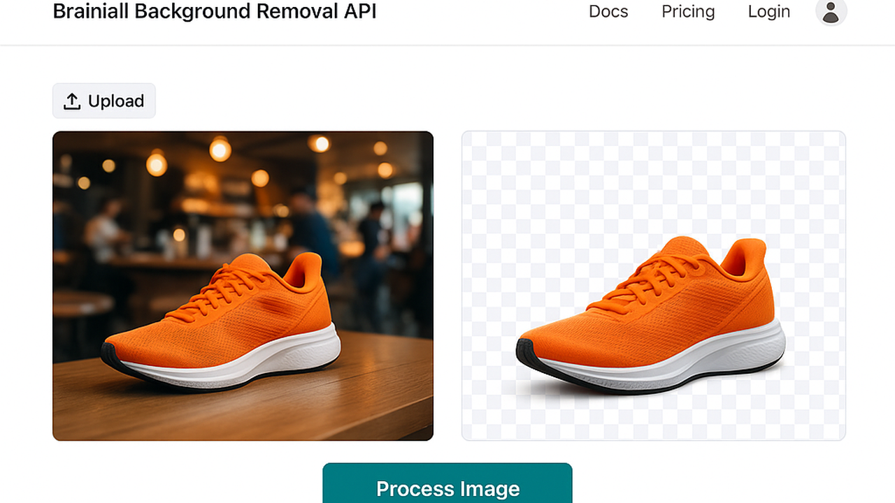 Brainiall Background Removal API — split-screen showing original photo and clean transparent output