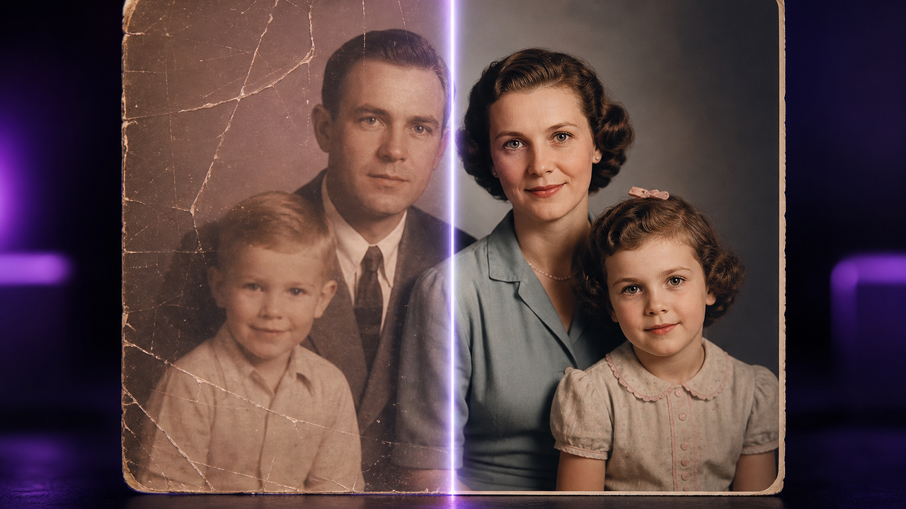 Brainiall Face Restore — Vorher-Nachher eines alten, beschädigten Familienfotos, restauriert