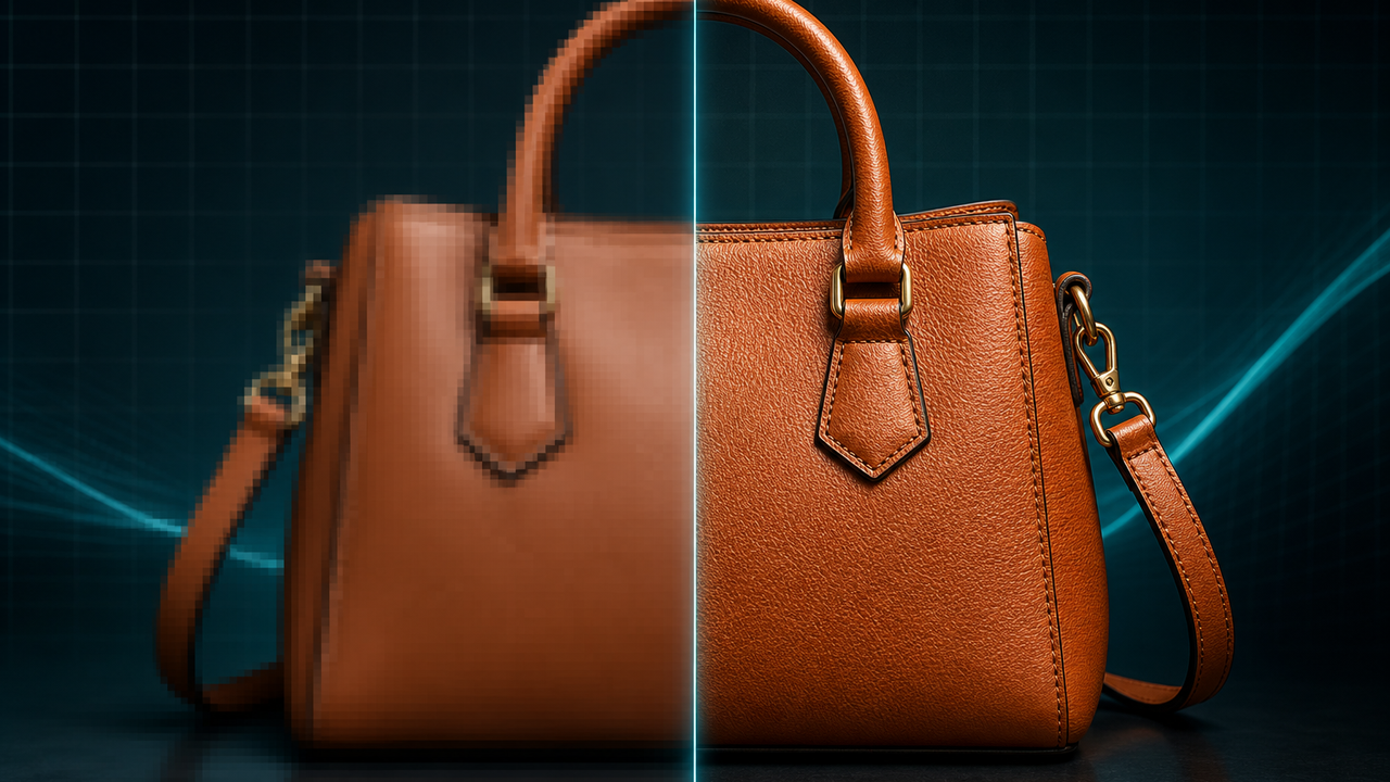 Brainiall Upscale — before and after of a product photo upscaled to high resolution