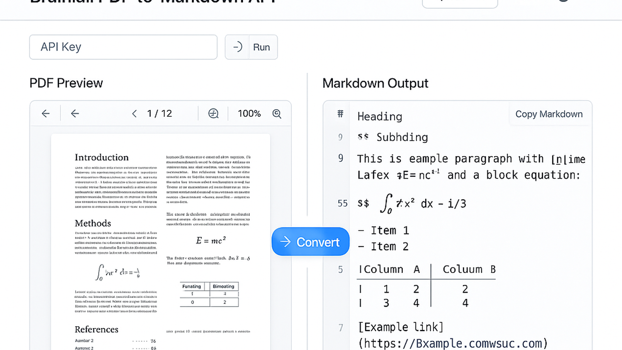 Brainiall PDF-to-Markdown API — PDF page on the left, extracted Markdown on the right
